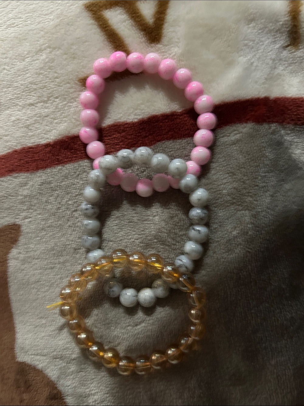 Set of Three Beaded Stretch Bracelets - Pink, White, Amber